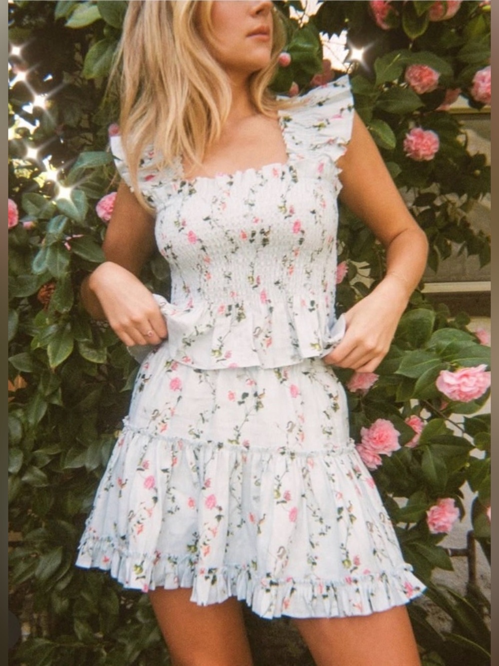 Hill House Ruffle Paz Top & Skirt Set in Pond Floral - size small